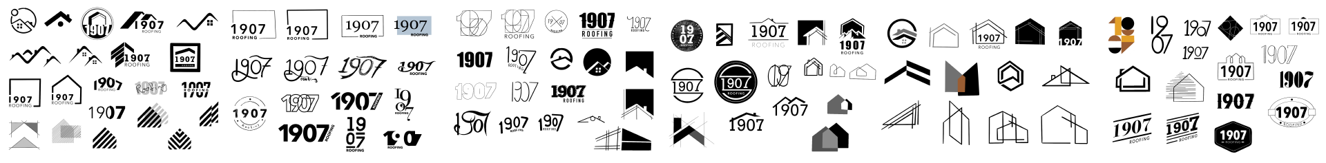 A collection of initial logo sketches for 1907 Roofing