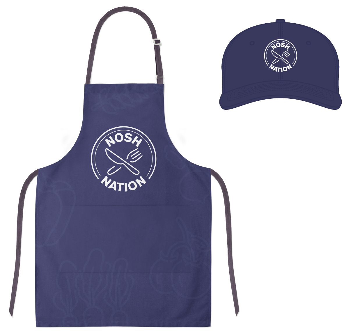 An apron and a cap in purple with the Nosh Nation logo in white on them