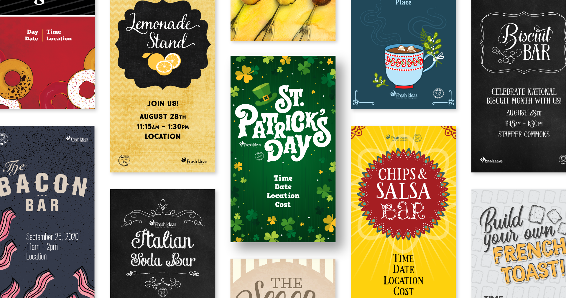A collection of horizontal posters. The center one advertising a St. Patrick's Day event. Other themes include: Lemonade stand, Italian Soda bar, icecream, chips and salsa and hot chocolate.