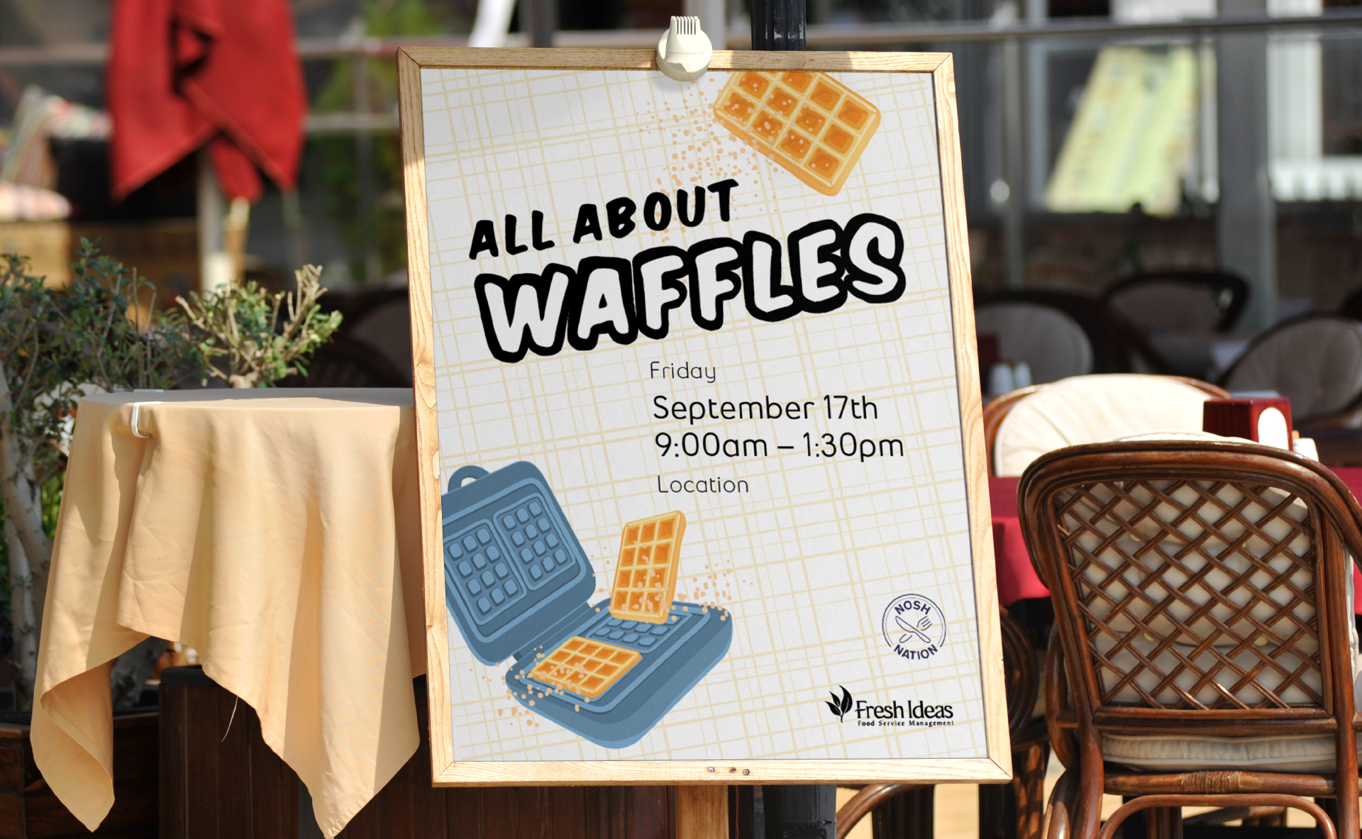 Poster outside of a restaurant advertising a waffles event.