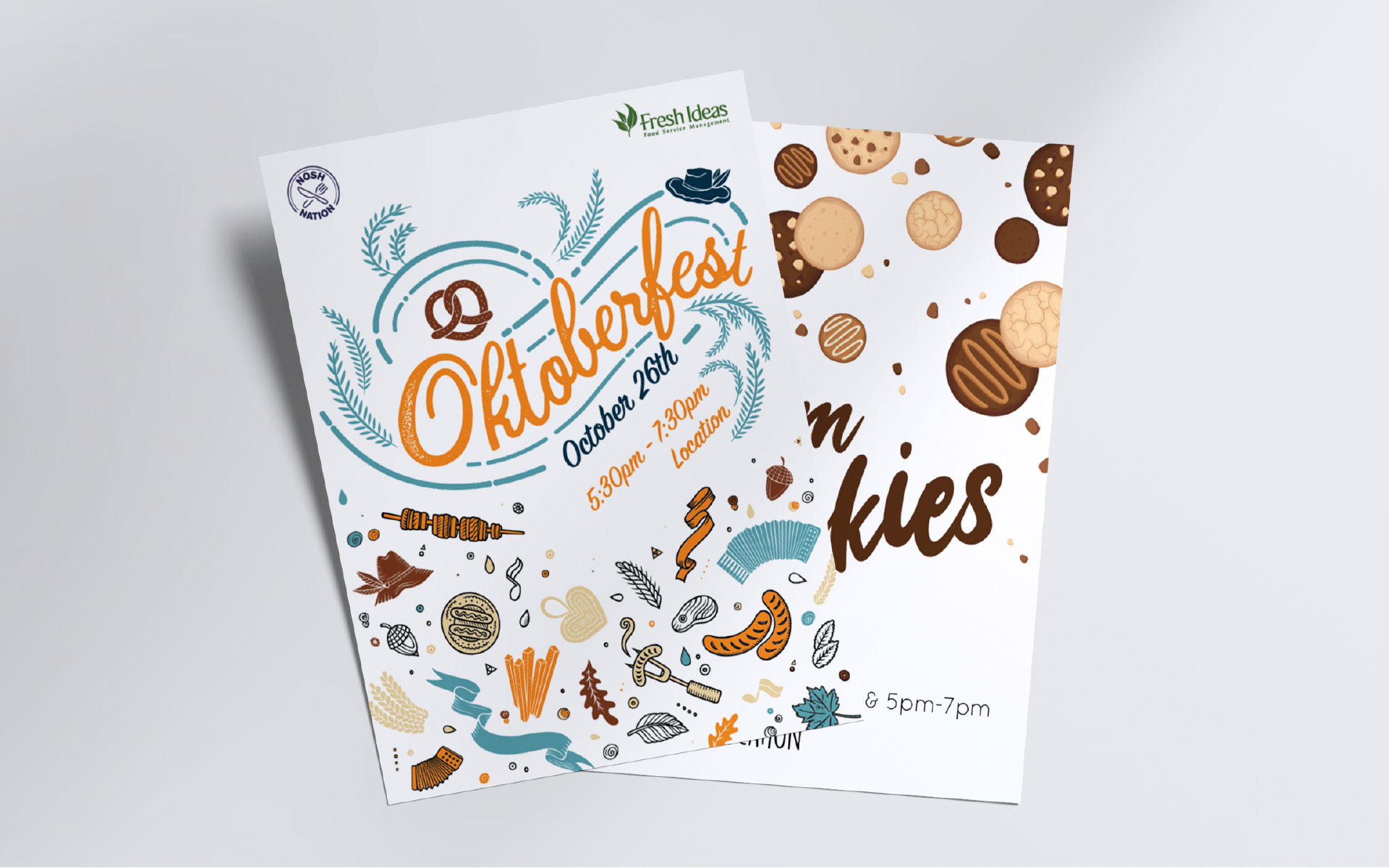 Two flyers on a blank background. The top one advertising an Oktoberfest event. And the bottom one advertising a warm cookies event.