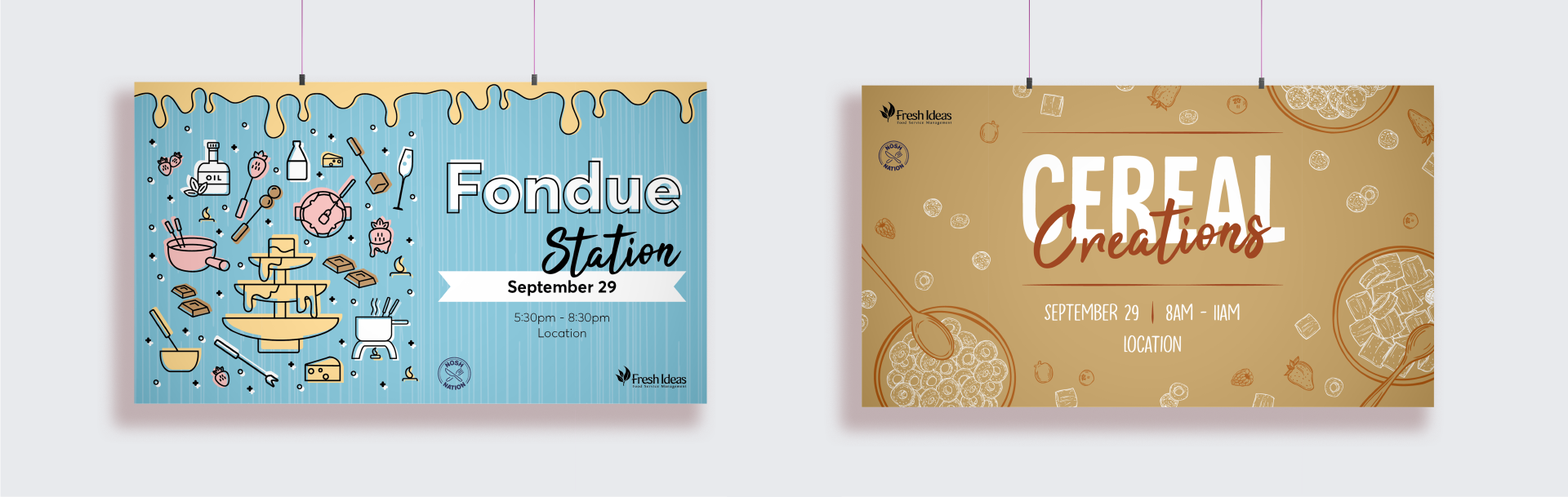 2 horizontal food event posters. One advertising a fondue station, the other a cereal bar.