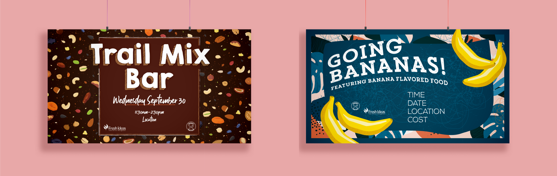 2 horizontal food event posters. One advertising a trail mix bar, the other a banana themed event.