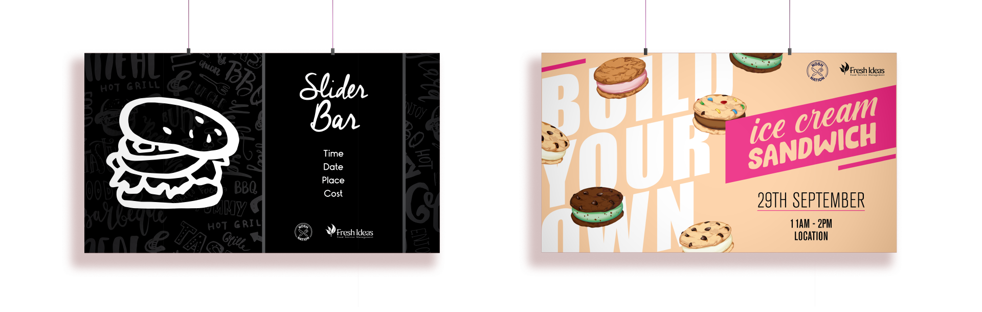 2 horizontal posters advertising a sliders and a build your own ice cream sandwich event
