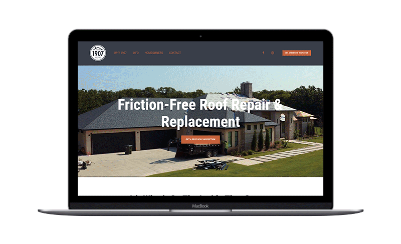 1907 roofing homepage mockup. Animated and showing the full length of the webpage.