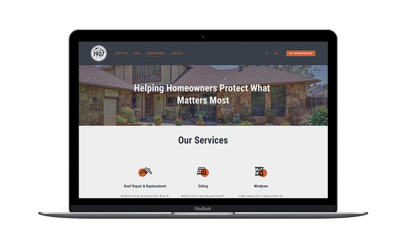 1907 roofing services page mockup. Animated and showing the full length of the webpage.