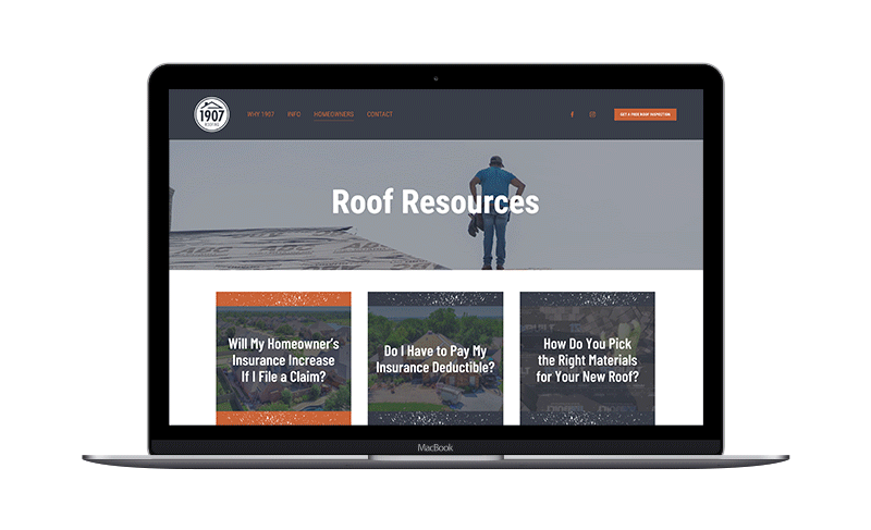 1907 roofing resources page mockup. Animated and showing the full length of the webpage.