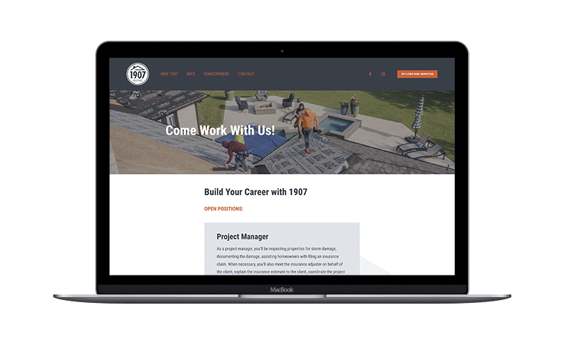 1907 roofing careers page mockup. Animated and showing the full length of the webpage.